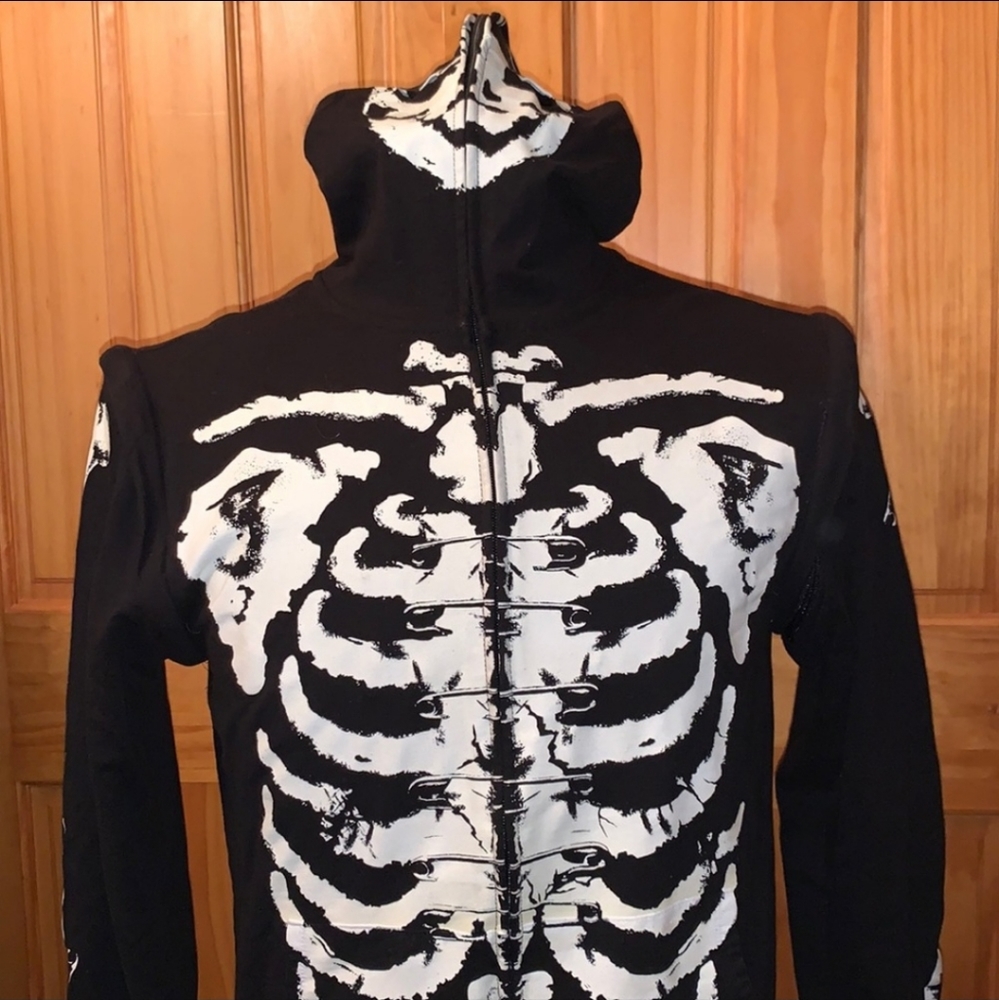 🖤☠️VERY COOL EUC BLACK & WHITE SKELTON FULL ZIP HOODIE SIZE S BY RUDE ☠️🖤